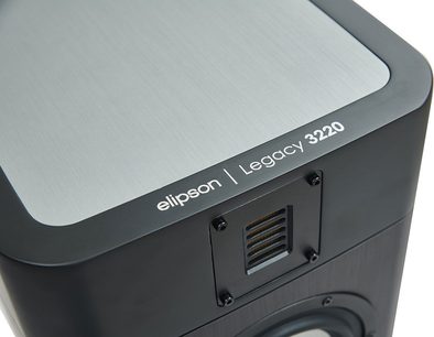 Elipson Legacy 3220 gulvhøjttaler i antracitfarvet eg, tæt ovenfra-billede af logoet og højttalergitteret