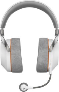 Cuffie gaming Beyerdynamic MMX 100 bianche e grigie con cuscinetti grigi, dettagli arancioni e microfono a braccetto
