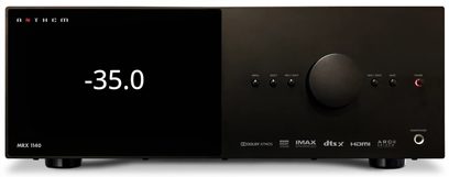 Domácí kino Anthem MRX 1140 8K černé, pohled zepředu, displej ukazuje "-35.0", tlačítka a konektory na předním panelu