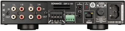 Sonance DSP 2-150 förstärkare med ljud-in och -utgångar, volymkontroller och väljare på baksidan