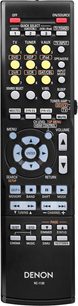 Juoda Denon RC-1120 nuotolinio valdymo pultas su gausybe mygtukų, skirtų valdyti Denon AVR-1610 namų kino garso stiprintuvą, vaizdas iš priekio
