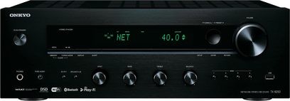 Onkyo TX-8250 sort hi-fi stereoforstærker, frontpanel, frontvisning, grønt display "NET 40.0", knapper og drejeknapper