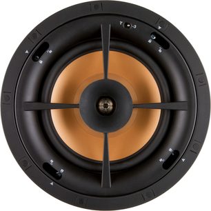 Infälld takmonterbar högtalare Klipsch PRO-180-RPC, cirkulär, svart ram, orange högtalare, framifrån sett