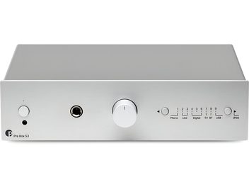 Pro-Ject Pre Box S3 Stereo-Vorverstärker silberfarben, Frontansicht mit großem zentralen Drehknopf und Kopfhöreranschluss