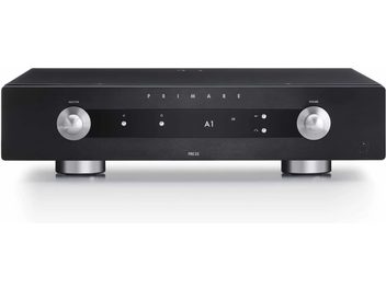 Primare PR35 stereo preamplifier in black, with brushed aluminum faceplate, knobs, and display, front view