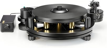 Gramofon Michell Engineering GYRO v matné černé kovové úpravě, zlaté akcenty, externí řemenový pohon a raménko