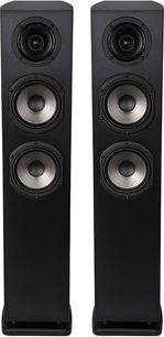 Due diffusori da pavimento Cabasse MC170 Jersey neri con cabinet opaco testurizzato, visti frontalmente, ciascuno dotato di un tweeter nero con cornice e due woofer argentati con cono metallico