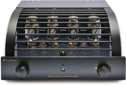 PrimaLuna DiaLogue Premium EL-34 sort hi-fi stereoforstærker, frontvisning, 8 rør i 2 rækker, 2 drejeknapper