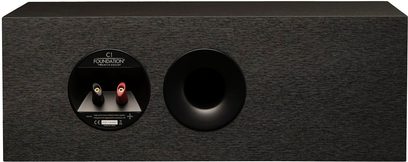 Centrální reproduktor MartinLogan Foundation C1 v matné černé barvě, pohled zepředu a shora, viditelný výškový reproduktor a basové reproduktory