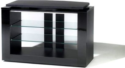 Gisan PLS301NE TV-møbel i blankt sort, 3 glashylder, 6 åbne rum, set let skråt forfra