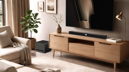 Soundbar nera sotto televisore a parete in un soggiorno moderno con mobile TV in legno chiaro e subwoofer coordinato
