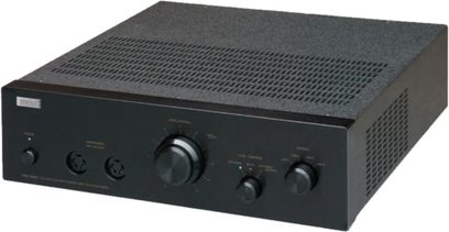STAX SRM-T8000 musta kuulokevastaanotin, etunäkymä, 2 pyörivää nuppia, 2 kuulokeliitäntää, tuuletusritilä päällä