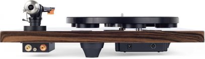 Tocadiscos Auris Audio Blues con base de madera oscura, plato negro y brazo de lectura plateado visto de frente