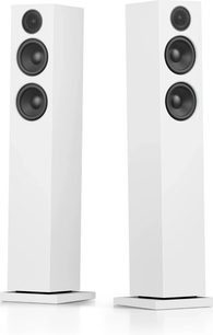 Pereche de boxe de podea Audio Pro A38 W albe, fiecare cu două difuzoare negre și un mic tweeter cu grilă