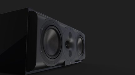 Altoparlante orizzontale nero con 2 grandi woofer circolari, 2 tweeter centrali e cabinet rettangolare inclinato