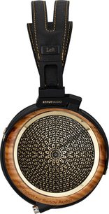 Sluchátka Sendy Audio Peacock Zebra s otevřenou konstrukcí, pohled zepředu, černý oblouk, dřevěné skořepiny se zebrovým vzorem, černá mřížka s paprskovitým motivem