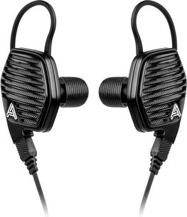 Åbent hi-fi hovedsæt Audeze LCD-i3, set forfra, sorte ørepuder med metalgitre, sort hovedbøjle, sort flettet kabel