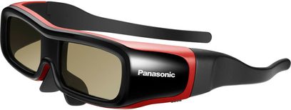 Černé a červené 3D brýle Panasonic TY-EW3D2SE, pohled z tříčtvrtečního úhlu, tónovaná skla, široké nožičky