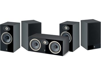 Pakke med 5 sorte Focal Pack Theva N°1 reolhøjttalere, 3 vertikale og 2 horisontale, træ-kabinetter, højttalere med grå ringe