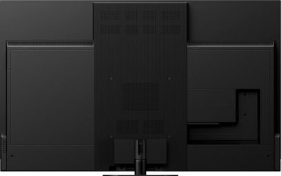 Panasonic TX-65JZ2000E TV, set forfra, sort skærm, smal mat sort ramme, centralt sort fod