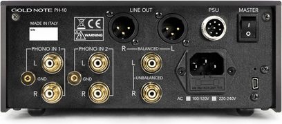 Gold Note PH-10 phono predzosilňovač, zlatá povrchová úprava, zadný panel, RCA phono vstupy/výstupy, napájací konektor, vypínač, detailný pohľad