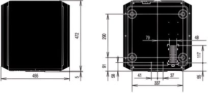 Teknisk diagram med dimensioner af et rektangulært sort vægbeslag til videoprojektor, set forfra, fra siden og oppefra