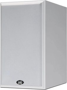 Witte PSB Imagine B50 boekenplankluidspreker, rechthoekige behuizing, lichte stoffen grille, PSB-badge onderaan, 3/4 voorzijde weergave