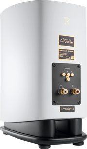 Canton Reference 9 GS bookshelf speaker matte white rear view with gold binding posts and black base