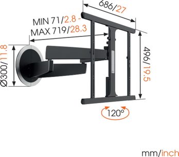 Draaibare muurbevestiging voor TV Vogel's NEXT 7355, zijaanzicht met minimale en maximale afmetingen in mm/inch