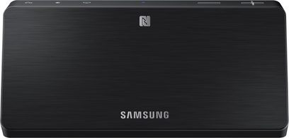 Samsung LinkMate WAM270 sort netværksaudioafspiller, forfra, liggende rektangulært format, sølvfarvet Samsung-logo