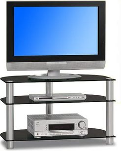 Sort og sølvfarvet TV-møbel med 3 sorte glashylder, med en DVD-afspiller og en fladskærm, der viser en blå baggrund