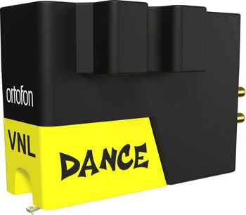 Cellule pour platine vinyle DJ Ortofon VNL DANCE, plastique noir et jaune, connecteurs arrière dorés, vue de trois-quarts