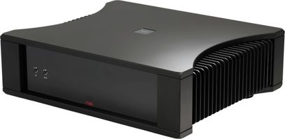 Ampli intégré stéréo Rega Solis noir, façade épurée avec deux boutons et large dissipateur latéral