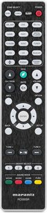 Sort Marantz RC035SR fjernbetjening med grå og røde knapper, set forfra