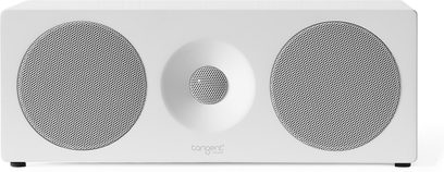 Centrální reproduktor Tangent Spectrum II XC, bílé provedení skříně, dvě kovové mřížky a centrální tweeter, pohled zepředu