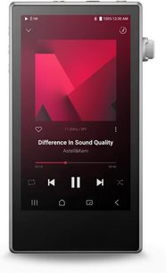 Stříbrný audiophile přehrávač Astell&Kern PD5, čelní pohled s dotykovým displejem zobrazujícím hudební přehrávač