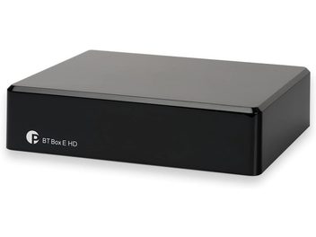 Trådlös sändare Pro-Ject BT Box E HD svart, kompakt rektangulär låda, slät yta, logotyp och text i vitt på framsidan