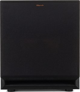 SPL-100 subwoofer, frontvisning, sort rektangulær gitter, gyldent logo øverst, rektangulær port nederst, runde fødder