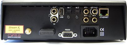 Cyrus Stream X2 netværksaudioafspiller sølv, bagside, lyd- og netværksforbindelser, USB-port, display, knapper