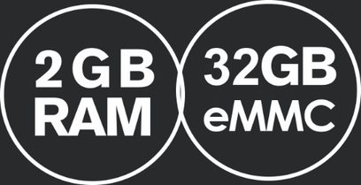 To hvide cirkler med henholdsvis teksterne "2GB RAM" og "32GB eMMC" på sort baggrund