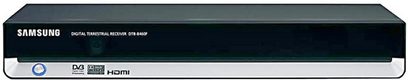 Samsung DTB-B460 sort DVD-afspiller, frontvisning, frontpanel med knapper og indikatorer, Samsung-logo øverst til venstre
