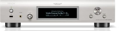 Leitor de áudio em rede Denon DNP-2000NE prata, vista frontal, visor LCD, botões e controles giratórios, portas USB e áudio