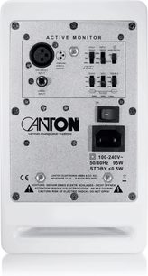 Versterkte monitorluidspreker Canton AM 5 wit, achteraanzicht met aansluitpaneel XLR, RCA en audio-instellingen