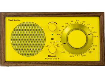 Radio Tivoli Model One BT gialla, telaio in legno, vista frontale, grande ghiera a destra, griglia circolare a sinistra