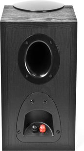 Klipsch Synergy B-20 sort bogreolhøjttaler, set forfra, med hovedhøjttaler, diskant og bas-refleksport