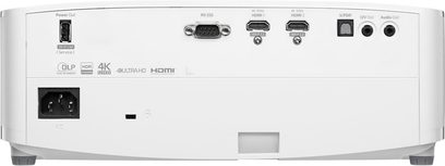 Bílý plastový videoprojektor Optoma UHD35STx, zadní pohled, porty HDMI x2, USB, RS-232, S/PDIF, 12V, audio, IEC zásuvka