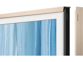Cadre pour téléviseur Samsung The Frame doré, angle supérieur avec tranche latérale noire et profil séparé