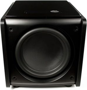 Klipsch XW-500D sort baskabin, nærbillede forfra, kubisk form, central rund højttaler