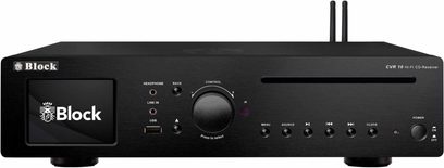 Eestvaade mustast harjatud alumiiniumist CVR-10 plokile, kõik-ühes hi-fi süsteem, vasakul ekraan logoga, kõrvaklappide, liini ja USB pesad, suur keskmine nupp, CD-sisestusava ja paremal rida nuppe, taga kaks nähtavat antenni