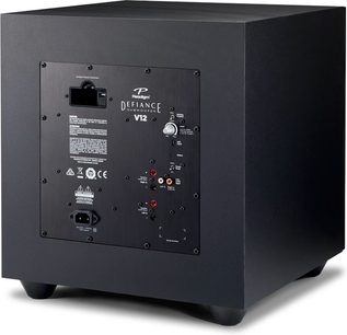 Paradigm Defiance V12 sort satineret subwoofer, frontvisning, kontrolpanel med knapper og stik